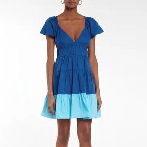 Staud Corsica Tiered Taffeta Mini Dress in Cobalt/Amalfi Size Medium